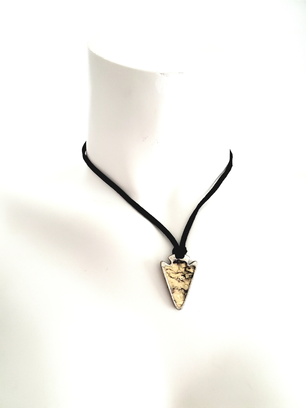 Black Leather Cord Necklace with Silver-Toned Faux Arrowhead Pendant